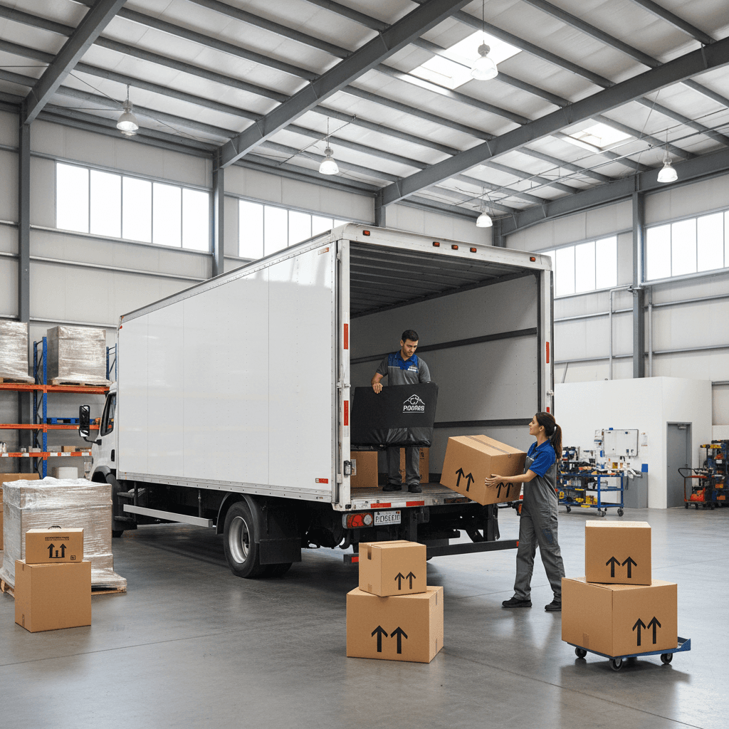 Professional movers loading a truck in a bright warehouse.