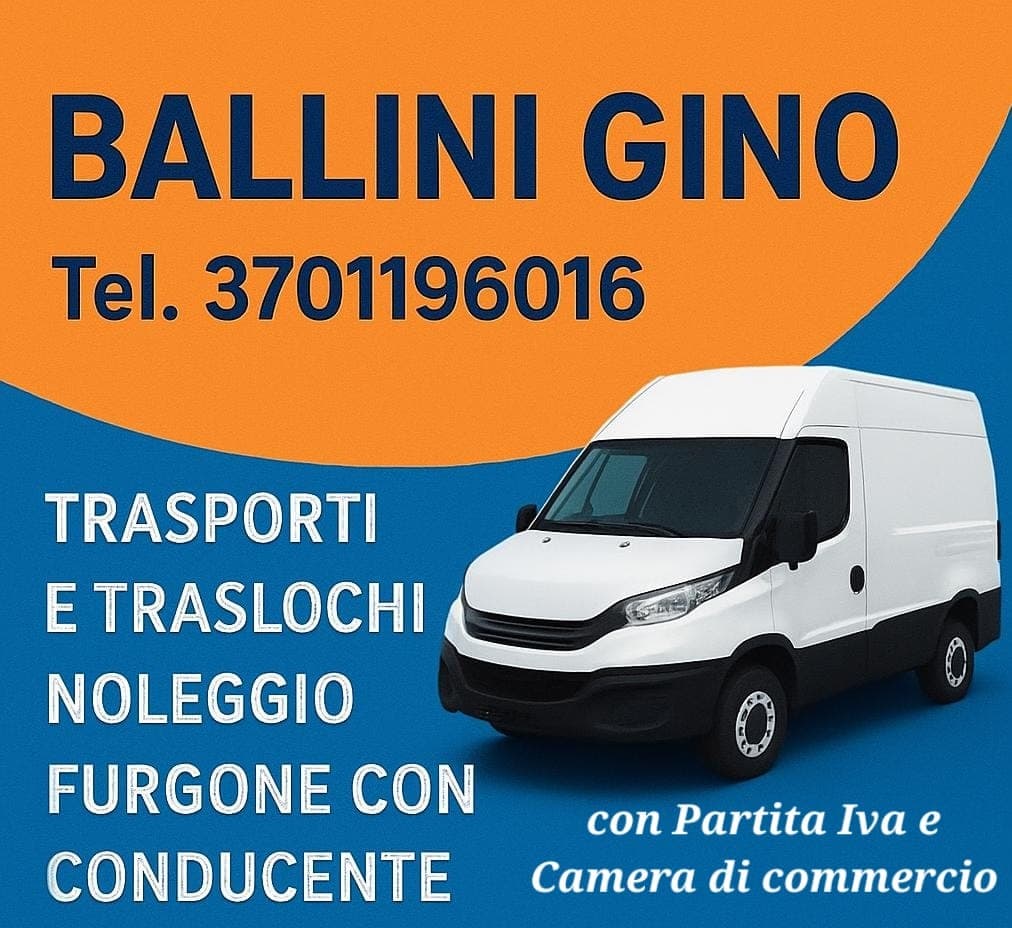 Pubblicità Ballini Gino per trasporti e traslochi con furgone bianco su sfondo arancione e blu.